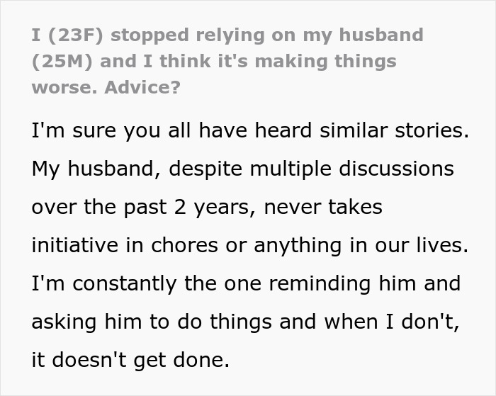 Text about a husband neglecting chores for years and wife's frustration with reminders. Text about a husband neglecting chores for years and wife's frustration with reminders.