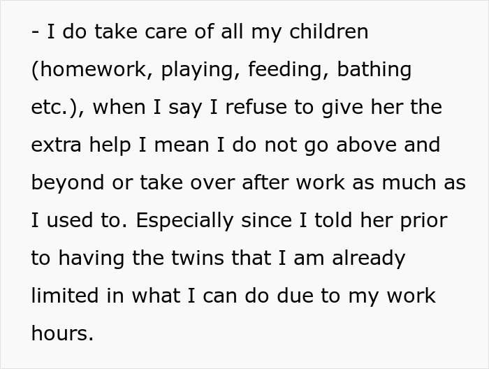Text image discussing dad's limited help with children and work hours, including twins and vasectomy decision. Text image discussing dad's limited help with children and work hours, including twins and vasectomy decision.