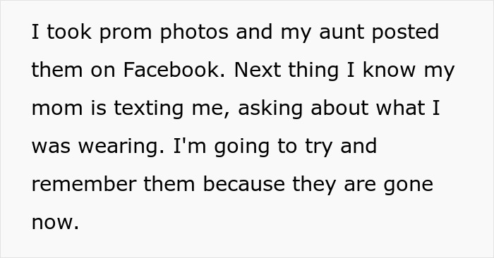Text message from a mom about daughter's prom suit photos shared on Facebook. Text message from a mom about daughter's prom suit photos shared on Facebook.
