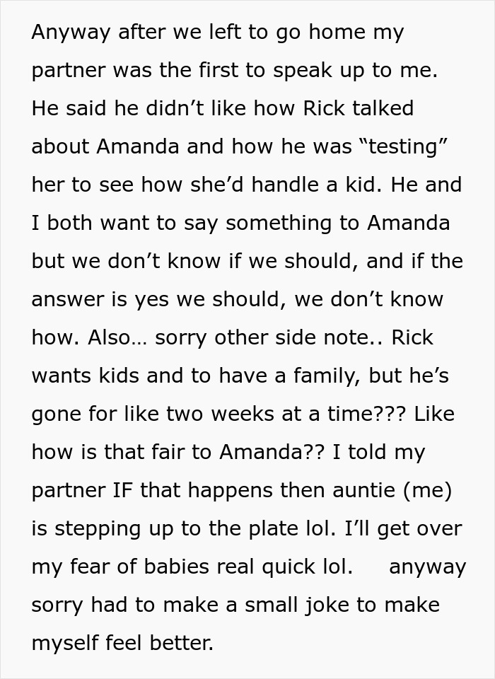 Text discussing how Rick tested Amanda for motherhood by observing her with a dog. Concerns raised about fairness. Text discussing how Rick tested Amanda for motherhood by observing her with a dog. Concerns raised about fairness.