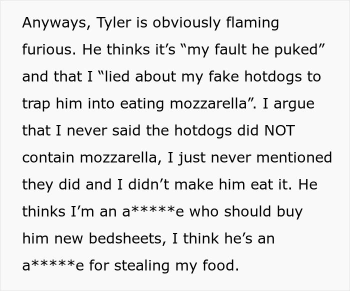 Text about a roommate dispute over mozzarella causing discomfort. Text about a roommate dispute over mozzarella causing discomfort.