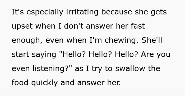 Text expressing frustration about not responding quickly while chewing, mentioning "Hello? Are you even listening? Text expressing frustration about not responding quickly while chewing, mentioning "Hello? Are you even listening?