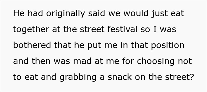 Text discussing a street festival eating arrangement and a choice not to eat, related to a group's dining expectations. Text discussing a street festival eating arrangement and a choice not to eat, related to a group's dining expectations.