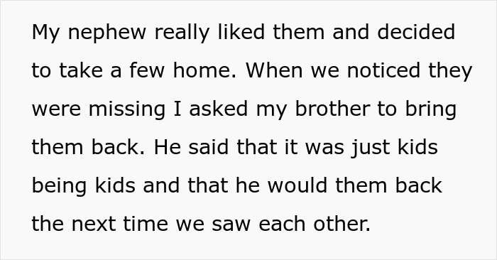 Text discussing kids taking items from a brother’s house, mentioned as usual kid behavior. Text discussing kids taking items from a brother’s house, mentioned as usual kid behavior.