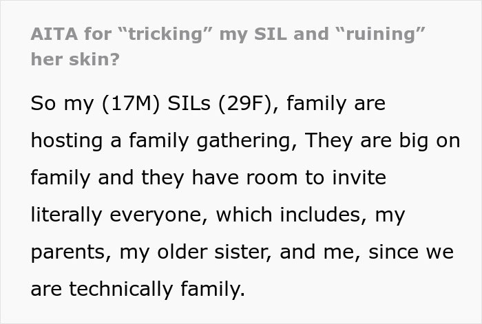 Text about a family gathering involving a teen and his SIL using expensive skincare. Text about a family gathering involving a teen and his SIL using expensive skincare.