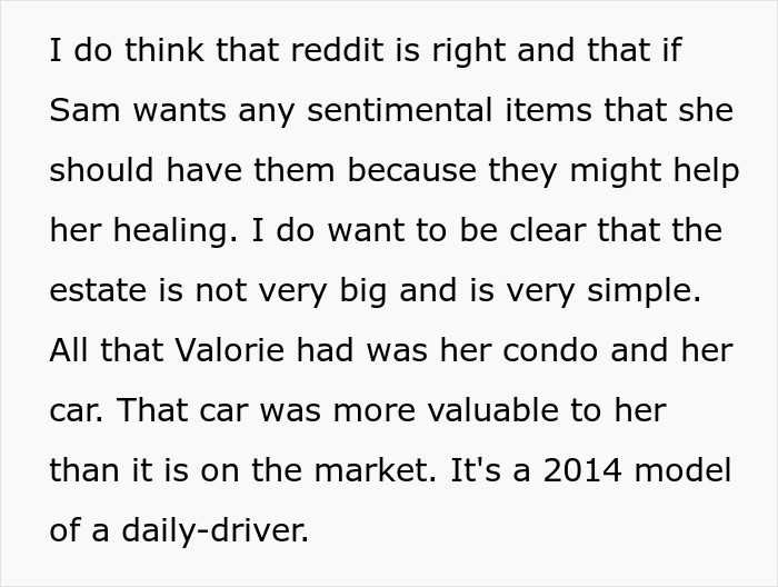 Text discussing inheritance, mentioning sentimental items, a condo, and a 2014 car in relation to a friend's estate. Text discussing inheritance, mentioning sentimental items, a condo, and a 2014 car in relation to a friend's estate.