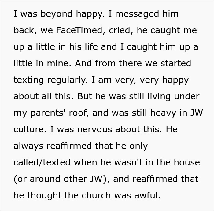 Text message about a brother living under religious parents' roof, discussing secrecy and cultural pressures. Text message about a brother living under religious parents' roof, discussing secrecy and cultural pressures.