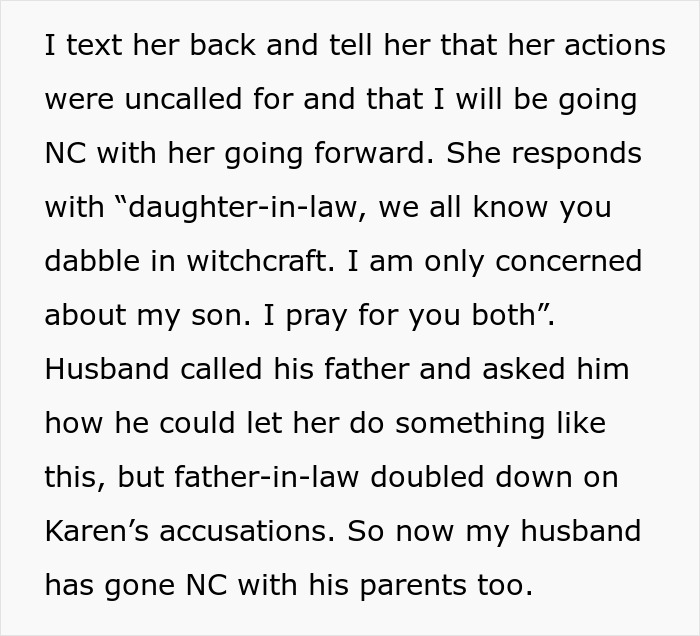 Text exchange about a daughter-in-law being accused of witchcraft by religious MIL, causing family tension. Text exchange about a daughter-in-law being accused of witchcraft by religious MIL, causing family tension.