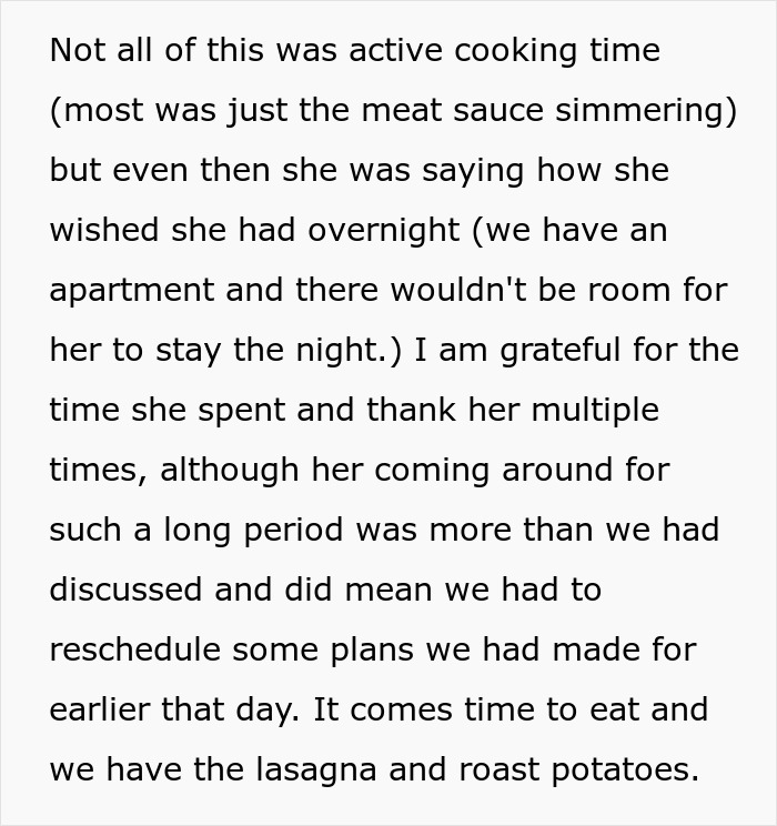 Text describing a woman's effort in cooking lasagna for hours and her reaction to hot sauce. Text describing a woman's effort in cooking lasagna for hours and her reaction to hot sauce.