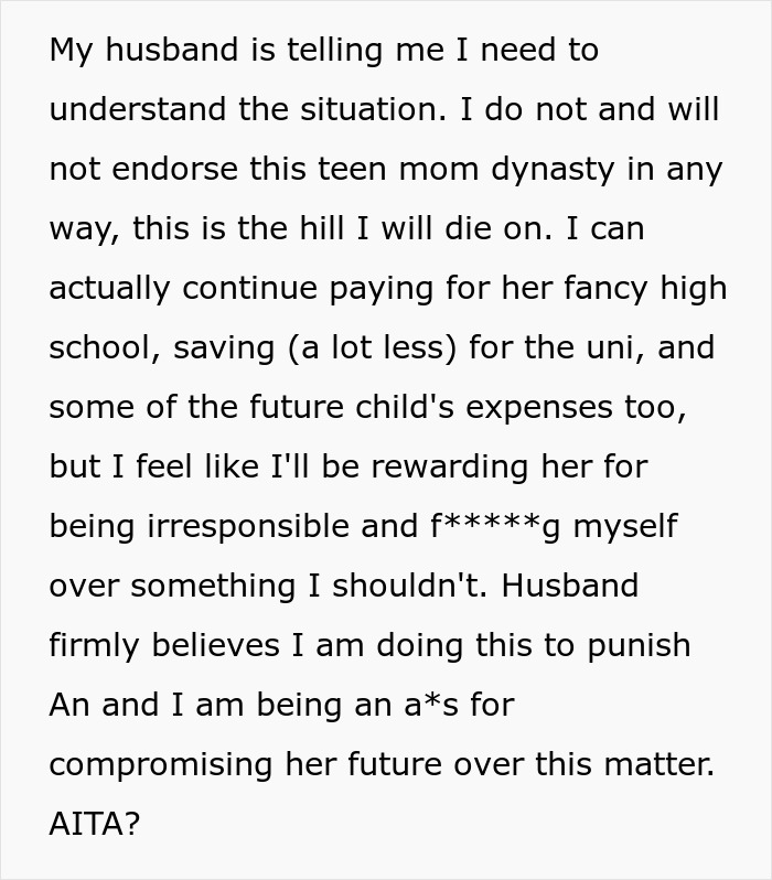 Text discussing a stepmom's perspective on withholding college funds due to a teen mom legacy in her stepdaughter's family. Text discussing a stepmom's perspective on withholding college funds due to a teen mom legacy in her stepdaughter's family.