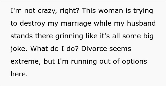 Text expressing a wife's concern over marital issues involving a 'work wife' and feeling like an outsider. Text expressing a wife's concern over marital issues involving a 'work wife' and feeling like an outsider.