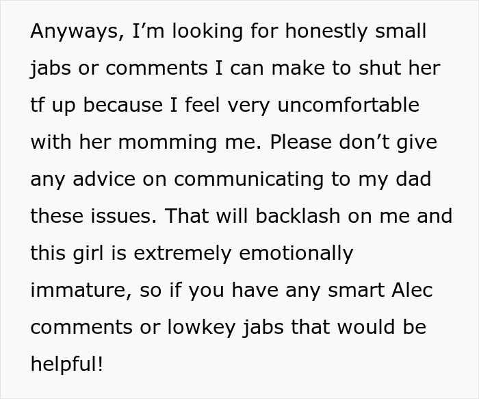 Text about a 23-year-old woman uncomfortable with her dad’s 25-year-old girlfriend acting as a parent. Text about a 23-year-old woman uncomfortable with her dad’s 25-year-old girlfriend acting as a parent.