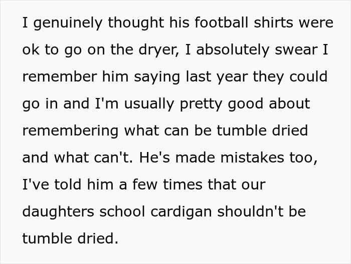 Text about laundry mistakes and drying clothes, mentioning football shirts and a daughter's school cardigan. Text about laundry mistakes and drying clothes, mentioning football shirts and a daughter's school cardigan.