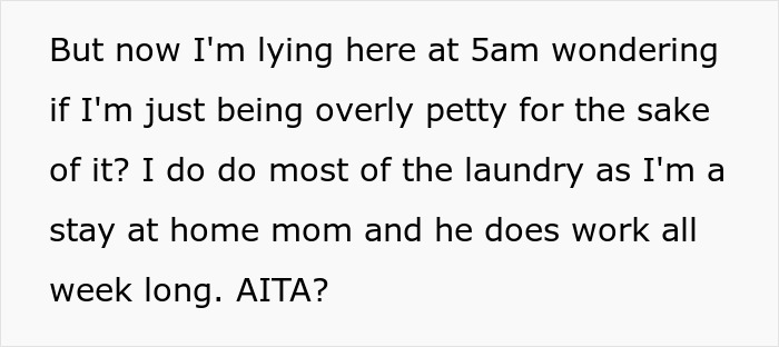 Text discussing stay-at-home mom's thoughts on doing laundry and feeling petty after a comment post-surgery. Text discussing stay-at-home mom's thoughts on doing laundry and feeling petty after a comment post-surgery.