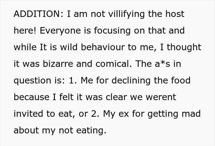 Text excerpt discussing unusual dining situation and reactions: friends eating leftovers. Text excerpt discussing unusual dining situation and reactions: friends eating leftovers.