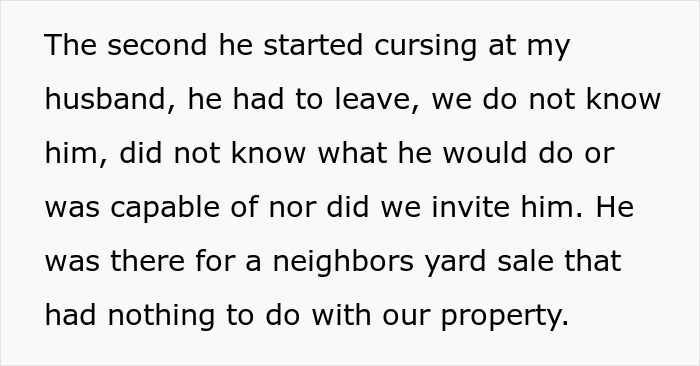 Text describing a conflict during a yard sale, involving a man refusing to leave a neighbor's property. Text describing a conflict during a yard sale, involving a man refusing to leave a neighbor's property.