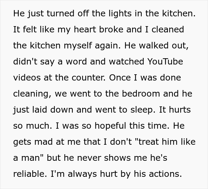 Text detailing a guy's neglect of chores and his wife's emotional response to his behavior. Text detailing a guy's neglect of chores and his wife's emotional response to his behavior.