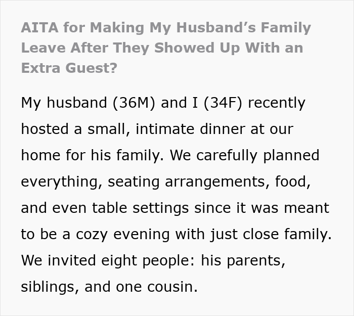 Discussion about an intimate dinner disrupted by an uninvited guest, causing tension with the family. Discussion about an intimate dinner disrupted by an uninvited guest, causing tension with the family.