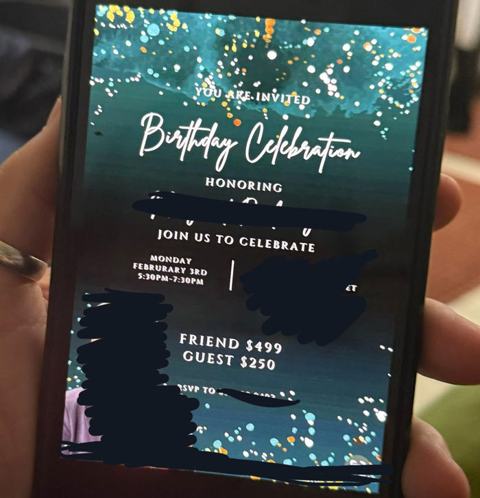 Phone screen displaying a birthday celebration invitation with a cost of $499 for attendance. Phone screen displaying a birthday celebration invitation with a cost of $499 for attendance.