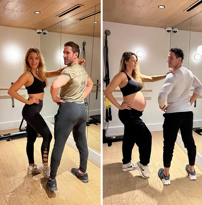 Two people posing playfully in a mirrored gym, wearing casual workout clothes. Two people posing playfully in a mirrored gym, wearing casual workout clothes.