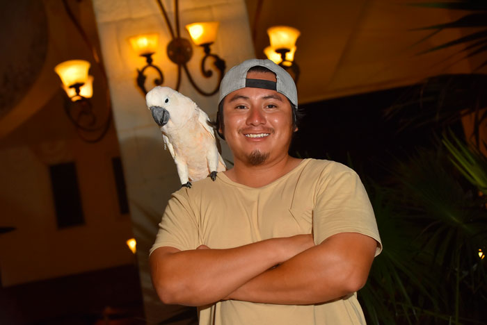 Man smiling with a parrot on his shoulder, indoor lighting, addressing pet parenting. Man smiling with a parrot on his shoulder, indoor lighting, addressing pet parenting.