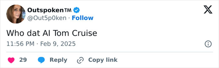 Tweet questioning Tom Cruise's appearance during Super Bowl 2025 ad, gaining social media attention. Tweet questioning Tom Cruise's appearance during Super Bowl 2025 ad, gaining social media attention.