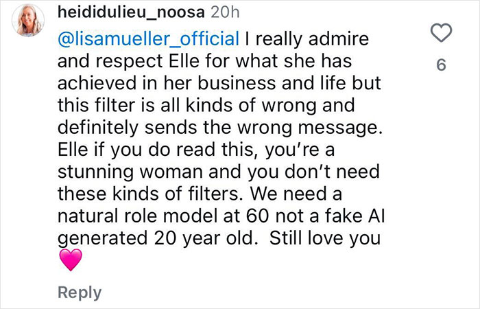 Comment criticizing Elle Macpherson's Photoshop use, highlighting the need for natural role models. Comment criticizing Elle Macpherson's Photoshop use, highlighting the need for natural role models.