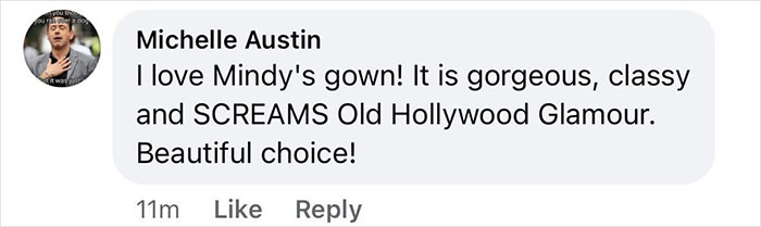 Comment praising Mindy Kaling's stunning gown at movie premiere for its Old Hollywood glamour. Comment praising Mindy Kaling's stunning gown at movie premiere for its Old Hollywood glamour.