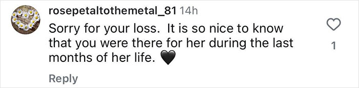 Comment expressing condolences, related to Michelle Trachtenberg. Black heart emoji at the end. Comment expressing condolences, related to Michelle Trachtenberg. Black heart emoji at the end.