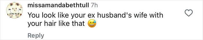 Instagram comment about resemblance to ex-husband's wife with styled hair emoji. Instagram comment about resemblance to ex-husband's wife with styled hair emoji.