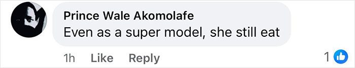 Comment about a supermodel's eating habits, mentioning her status. Comment about a supermodel's eating habits, mentioning her status.