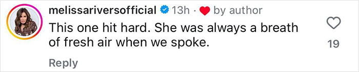 Comment by Melissa Rivers expressing sadness, keywords: Michelle Trachtenberg tragedy. Comment by Melissa Rivers expressing sadness, keywords: Michelle Trachtenberg tragedy.