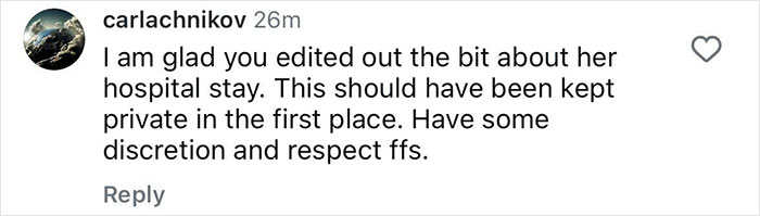 Comment on privacy of Michelle Trachtenberg's hospital stay, urging respect and discretion. Comment on privacy of Michelle Trachtenberg's hospital stay, urging respect and discretion.