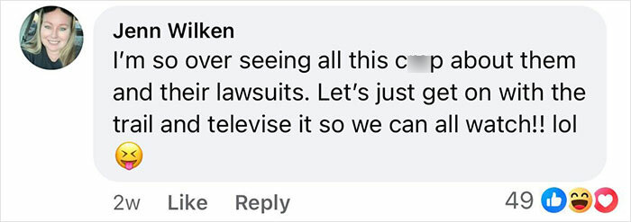 Comment expressing frustration about lawsuits, referencing doubts on fat-shaming accusations. Comment expressing frustration about lawsuits, referencing doubts on fat-shaming accusations.