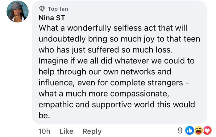 Facebook comment praising selflessness, with reactions at the bottom. Keywords: self promotion, Meghan Markle, charity. Facebook comment praising selflessness, with reactions at the bottom. Keywords: self promotion, Meghan Markle, charity.