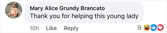 Comment by Mary Alice Grundy Brancato thanking help for a young lady, with engagement icons below. Comment by Mary Alice Grundy Brancato thanking help for a young lady, with engagement icons below.