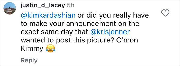 Comment discussing Kim Kardashian and Kris Jenner's conflicting post timings with humorous tone. Comment discussing Kim Kardashian and Kris Jenner's conflicting post timings with humorous tone.