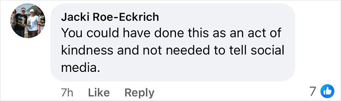 Facebook comment criticizing self-promotion, implying acts of kindness don’t need social media acknowledgment. Facebook comment criticizing self-promotion, implying acts of kindness don’t need social media acknowledgment.