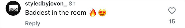 Instagram comment praising Kim Kardashian, saying "Baddest in the room" with fire and heart-eye emojis. Instagram comment praising Kim Kardashian, saying "Baddest in the room" with fire and heart-eye emojis.
