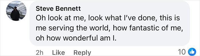 Social media comment critiquing self promotion in charity work, focusing on personal accomplishments. Social media comment critiquing self promotion in charity work, focusing on personal accomplishments.