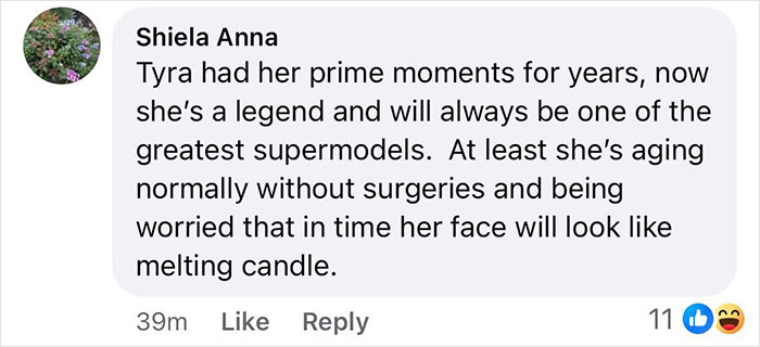 Comment about Tyra Banks’ legendary status and natural aging, without surgeries, from a user named Shiela Anna. Comment about Tyra Banks’ legendary status and natural aging, without surgeries, from a user named Shiela Anna.