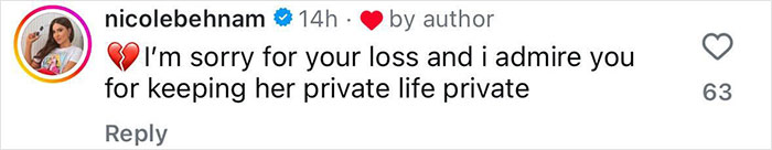 Instagram comment offering condolences and admiration for privacy concerning Michelle Trachtenberg. Instagram comment offering condolences and admiration for privacy concerning Michelle Trachtenberg.