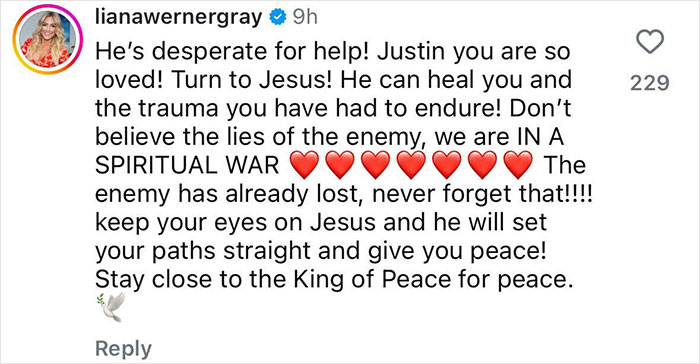 Instagram comment expressing concern and advice for Justin Bieber, urging him to seek spiritual healing and peace. Instagram comment expressing concern and advice for Justin Bieber, urging him to seek spiritual healing and peace.