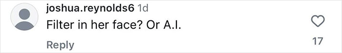 Instagram comment questioning Elle Macpherson's photo editing with mention of filters and AI. Instagram comment questioning Elle Macpherson's photo editing with mention of filters and AI.