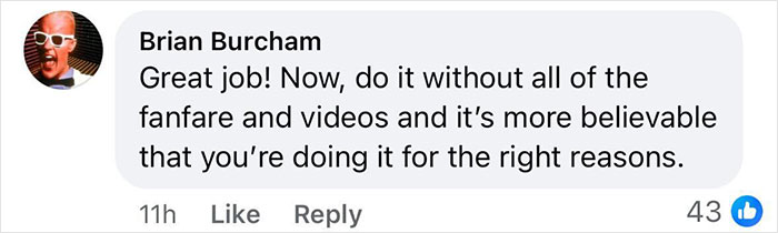 Comment criticizing self-promotion on social media post about a charity, highlighting skepticism over motives. Comment criticizing self-promotion on social media post about a charity, highlighting skepticism over motives.