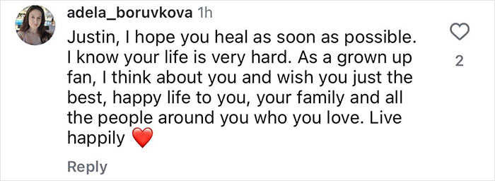 Instagram comment expressing concern and support for Justin Bieber's well-being. Instagram comment expressing concern and support for Justin Bieber's well-being.