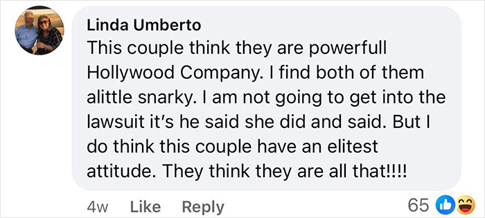 A comment on social media doubting accusations against Baldoni, calling the couple elitist. A comment on social media doubting accusations against Baldoni, calling the couple elitist.