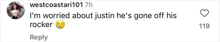 Comment expressing concern for Justin Bieber with a sad emoji reaction. Comment expressing concern for Justin Bieber with a sad emoji reaction.