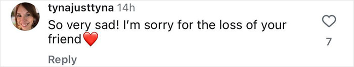 Comment expressing sorrow about the tragic loss of a friend, featuring a red heart emoji. Comment expressing sorrow about the tragic loss of a friend, featuring a red heart emoji.