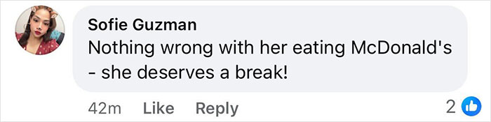 Comment about Tyra Banks enjoying McDonald's, emphasizing her deserving a break. Comment about Tyra Banks enjoying McDonald's, emphasizing her deserving a break.